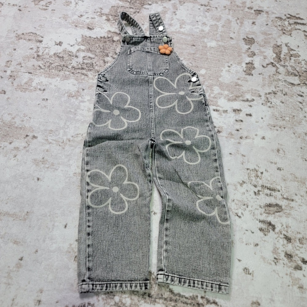Girls Floral Denim Overalls 6Y Wide Leg Distressed Gray Y2K Style